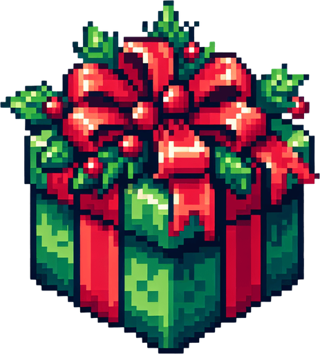 Pixel art of a green christmas present with red ribbons. Single Game Texture. In-Game asset. 2d. Blank background. High contrast. No shadows.