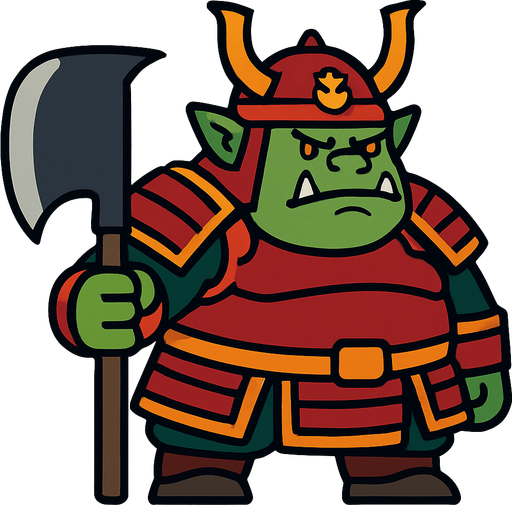 side scroller image fat orc samurai front holding big axe.
In-Game asset.  2d.  High contrast.  No shadows