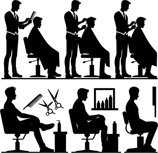 sandalyede oturan ve saçını kestirmeyi bekleyen bir müşteri.
Single Game Texture.  In-Game asset.  2d.  Blank background.  High contrast.  No shadows