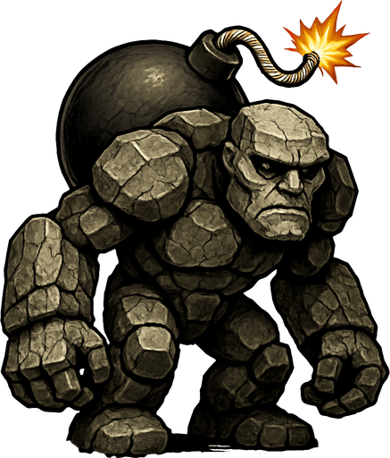 un golem de piedra ultra realista con una bomba en la espalda.
In-Game asset.  2d.  High contrast.  No shadows