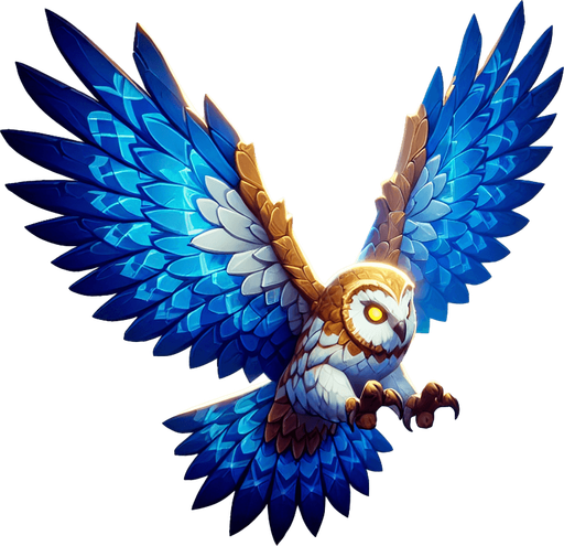 flying owl with blue gold color mix asset.
Single Game Texture.  In-Game asset.  2d.  Blank background.  High contrast.  No shadows