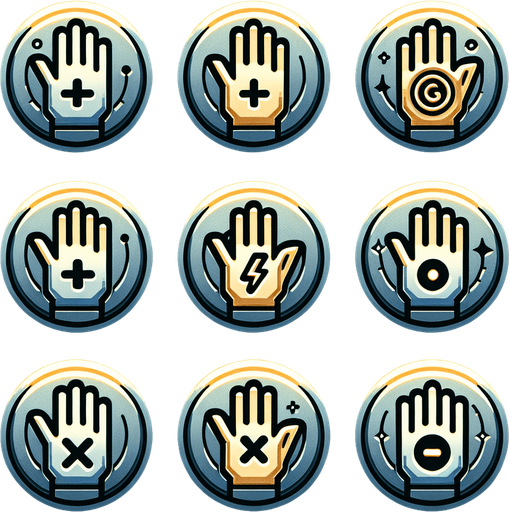 create a sprite sheet of 6 buttons, the first hand icon with a +, hand icon with an electricity icon, another with a golden hand, another with a hand and an ×, and one with a hand icon, written max.
Single Game Texture.  In-Game asset.  2d.  Blank background.  High contrast.  No shadows