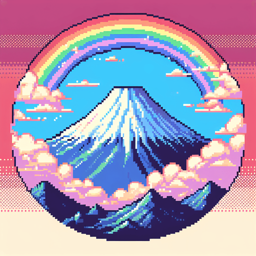 A Mount fuji background with a big rainbow crossing from side to side in the sky, pixel style, colourful.
Single Game Texture.  In-Game asset.  2d.  Blank background.  High contrast.  No shadows