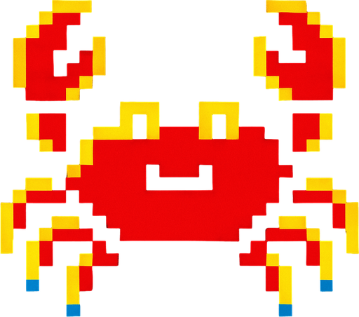 A small red crab. 80s arcade machine graphics..
In-Game asset.  2d.  High contrast.  No shadows