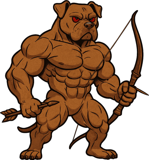 A brown dog that’s really really buff. Full body. Give the dog A bow and arrow. Red eyes.
2D.