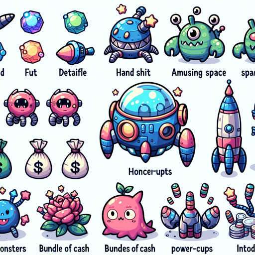 Spritesheet. Spaceships, spacemonsters, cash, powerups. Studio Ghibli. Ghibli style. Mobile game. Colorful. hand drawn. cute. fun. In-Game asset. 2d. Blank background. High contrast. No shadows..