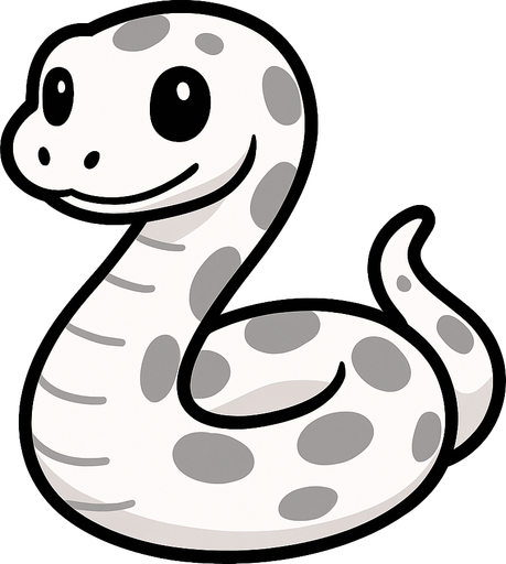 Una serpiente blanca con manchas grises con ojos negros estilo caricatura.
In-Game asset.  2d.  High contrast.  No shadows