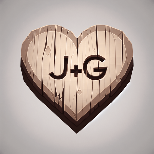 J+G ingrained in a heart, on wood by a knife.
Single Game Texture. In-Game asset. 2d. Blank background. High contrast. No shadows.