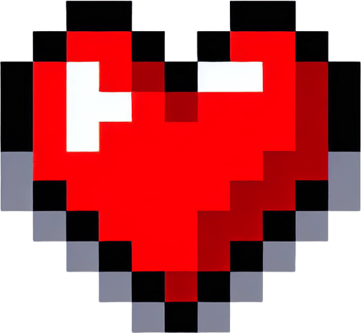 A red heart in pixel style representing the lifes of the player in a video game.
Single Game Texture. In-Game asset. 2d. Blank background. High contrast. No shadows.