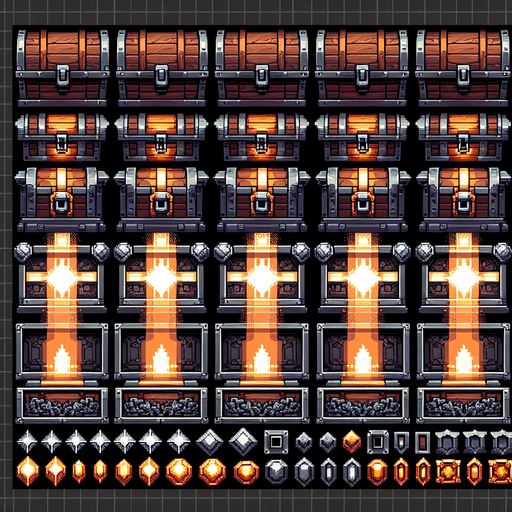 Create a sprite sheet featuring various components of a open chest, incorporating dungeon design elements. The design should include top-down views of dungeon chest. Each part should be distinct, with a cohesive color scheme of wood upholstery, dark orange and silver, accented by glowing lights for a fantasy look. The style should be detailed pixel art, reminiscent of classic 32-bit era video games, with glowing lights serving as style guides. Arrange the components on a dark background, with each part neatly aligned in rows and columns for easy identification and use in game development..
Single Game Texture. In-Game asset. 2d. Blank background. High contrast. No shadows.