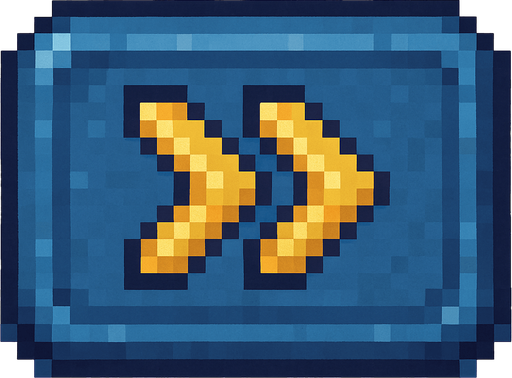 Blue button with two yellow chevrons in a row, pixel art style.