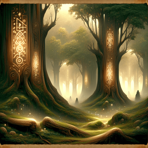 Backdrop: An ancient, mystical forest with glowing runes etched into massive tree trunks.

Colors: Earthy greens and browns with soft golden accents.

Details: Misty ambiance with faint ethereal figures in the background..
Single Game Texture. In-Game asset. 2d. Blank background. High contrast. No shadows.