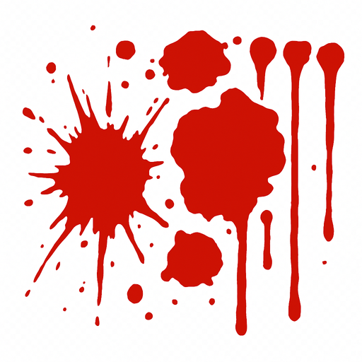 blood splatter effect. In-game assets. No background. Transparent background..
High contrast.  No shadows