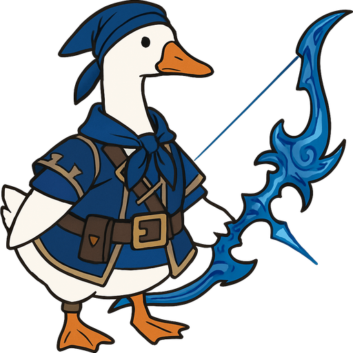 A emden goose in blue treasure hoarders outfit with blue hydro battle bow.
In-Game asset.  2d.  High contrast.  No shadows