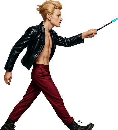 Swishy graceful man Cyberpunk manga, wand pointed straight ahead, arm extended, side profile view attack animation, shiny black leather biker jacket longsleeves shirtless Skinny abs blonde pompadour guy, action shot wine red joggers combat boots, Background removed, "Full-body character, entirely in frame, no cropping of face, head, or feet" "Complete character visible, from head to toe, fully centered in the image" "Entire character, including face and boots, fully within the frame" Character fully contained within a square frame, no edges cut off fashion model walking pose Style of vogue magazine