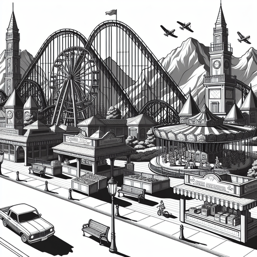 theme park.
Single Game Texture.  In-Game asset.  2d.  Blank background.  High contrast.  No shadows. 2d