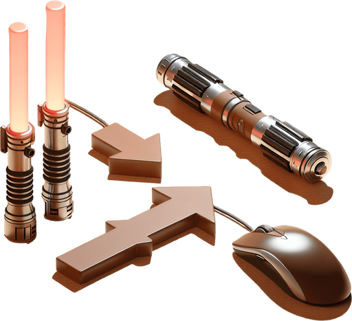 Brown Lasersaber in vertical position, next to it the same horizontally. In between, there is a back-and-forth arrow and a computer mouse..