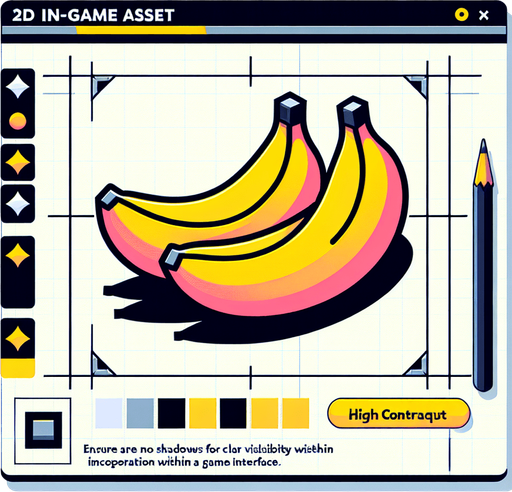 Bananas
Single Game Texture. In-Game asset. 2d. Blank background. High contrast. No shadows.