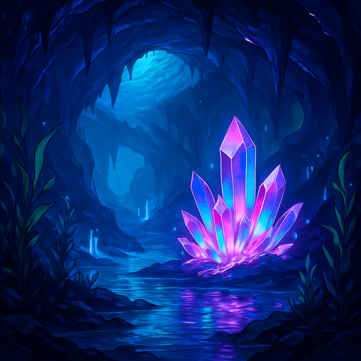 Neon cyberpunk manga Magical underwater crystal cavern background image deep sea cave majestic cavern background scene landscape ocean floor seaweed