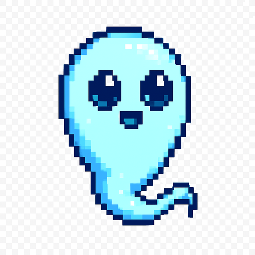 El fantasma debe tener un diseño amigable y en estilo pixel art, con cuerpo flotante de forma ovalada o en forma de gota invertida, color blanco o celeste pálido con bordes suaves y contorno oscuro para resaltar; su cara debe incluir ojos grandes y redondos con expresión simpática o curiosa, y una boca pequeña en forma de sonrisa o círculo; puede tener una animación sutil de flotación vertical, como si levitara suavemente en el aire, y opcionalmente incluir detalles como un leve brillo, transparencia o una colita ondeante en la parte inferior; el fondo debe ser transparente, y su estilo visual debe encajar en un mundo colorido y casual..
In-Game asset.  2d.  High contrast.  No shadows