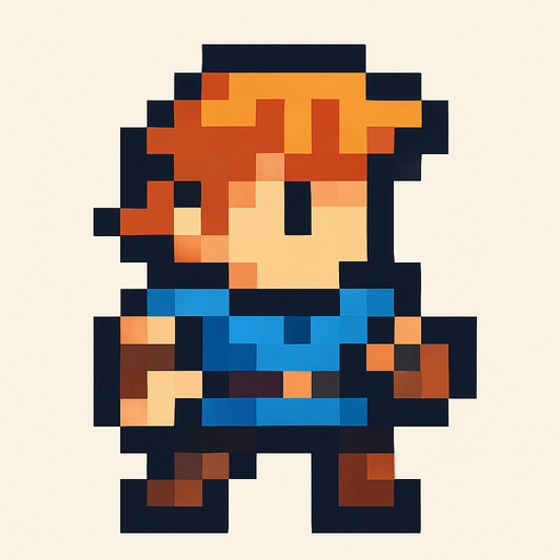 A cool platformer like 16 by 16 pixelated character no background shadows and highlights.
In-Game asset.  2d.  High contrast.  No shadows. 2d pixelated in game asset no horns