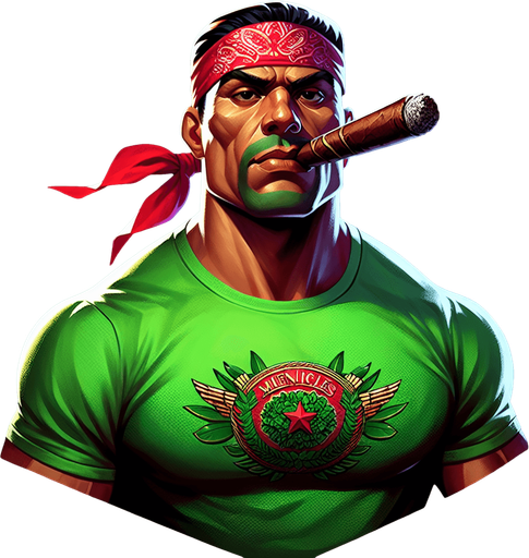 Badass marine with a green muscle T-shirt and a red bandana and a big cigar hanging from his mouth.
Single Game Texture. In-Game asset. 2d. Blank background. High contrast. No shadows.