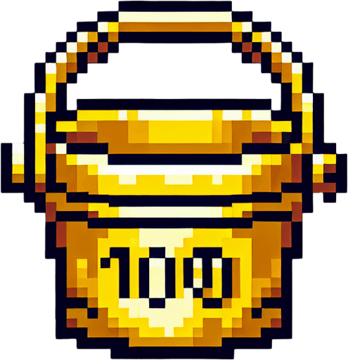 golden bucket with 100 text on it. front view. 
Single Game Texture. In-Game asset. 2d. Blank background. High contrast. No shadows. pixel. 8 bit