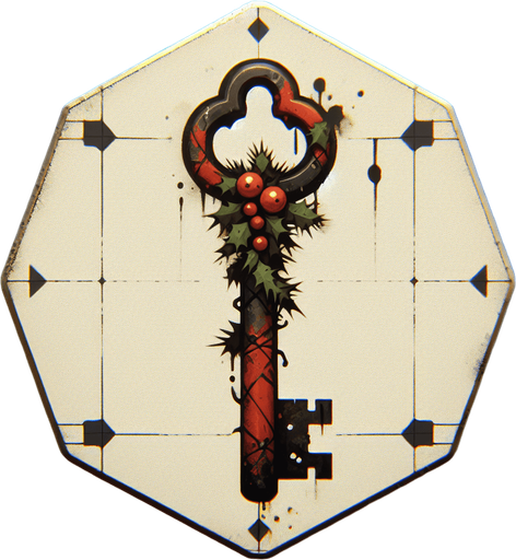 a simple dirty, dark and eerie Christmas bathroom key.
Single Game Texture. In-Game asset. 2d. Blank background. High contrast. No shadows.