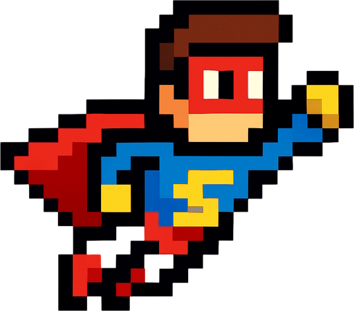 flying pixel art hero.
In-Game asset.  2d.  High contrast.  No shadows