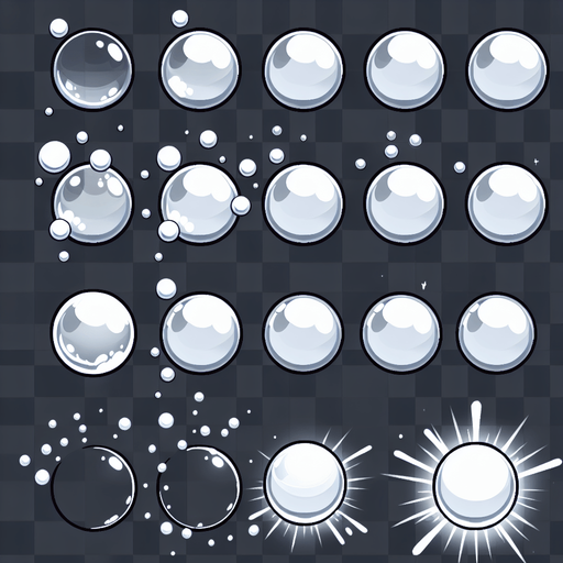 Sprite sheets of simple white bubble for bubble shatter game. Many options..
Single Game Texture. In-Game asset. 2d. Blank background. High contrast. No shadows.
