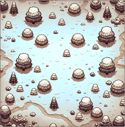 Top down snowy field with some scattered tries. Single Game Texture. In-Game asset. 2d. Blank background. High contrast. No shadows.