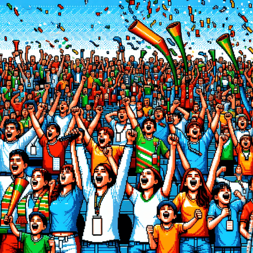8-bit pixelated cheering group of young fans at the olympics holding signs, Vuvuzelas and confetti.
Single Game Texture. In-Game asset. 2d. Blank background. High contrast. No shadows.