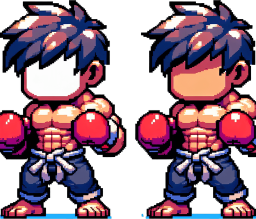 Fighter with 2 fight gloves, full body, mini fighter, big head, chibi.
Single Game Texture. In-Game asset. 2d. Blank background. High contrast. No shadows, detailed pixel art style