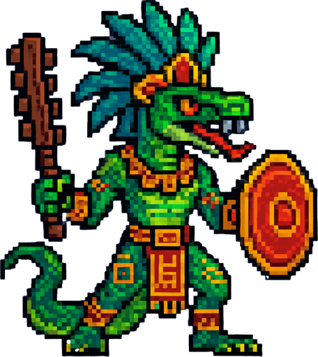 Generame un guerrero azteca con patrones, estilo pixelar, ademas sera un Serpiente sabanera humanoide.
In-Game asset.  2d.  High contrast.  No shadows