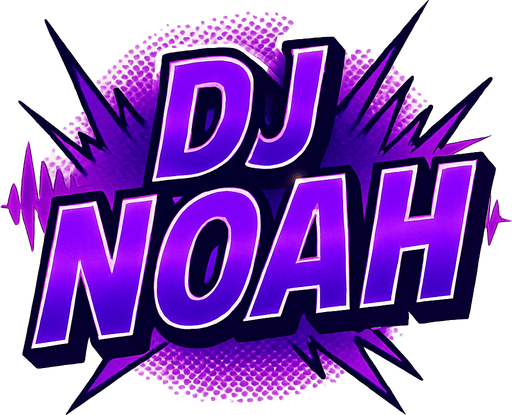 A bold, comic-style game title reading 'DJ NOAH' in large uppercase letters. The text features a deep electric purple gradient with sharp highlights and bold white outlines, styled like a dramatic comic book title splash. Subtle halftone textures and a radial glow enhance its dynamic look. Behind the text, abstract comic-style sound wave elements stretch outward in purple and magenta hues. The composition is punchy, modern, and dramatic — designed as a central UI graphic with transparent background for in-game use. 2D, high contrast, no drop shadow..
In-Game asset.  2d.  High contrast.  No shadows