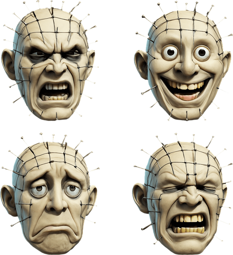 3D Scary but funny face meme "pinhead" from the movie. different faces look. only face
In-Game asset.  High contrast. 3D. No shadows. only face