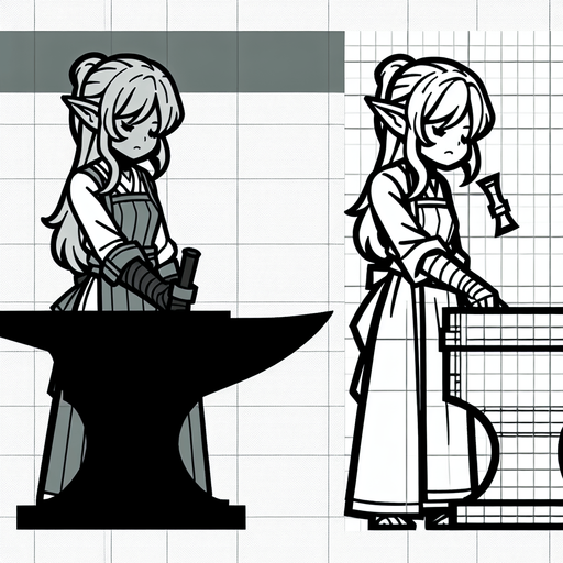 Девушка эльфийка кузнец у наковальни.
Single Game Texture. In-Game asset. 2d. Blank background. High contrast. No shadows.