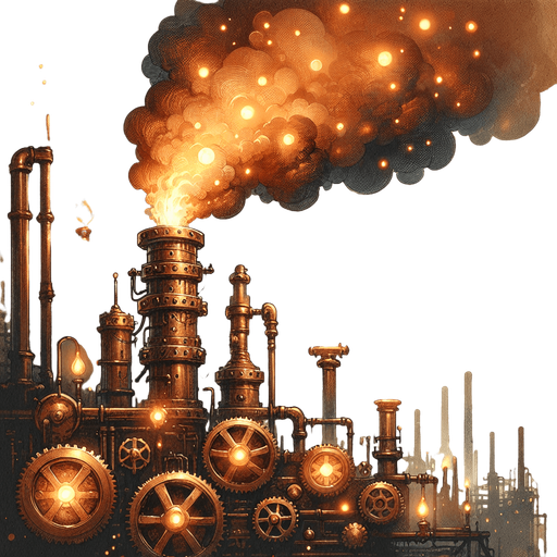 A hand-painted, steampunk-style illustration of billowing steam and smoke, rich with warm copper tones and industrial textures. The vapor swirls dynamically around intricate brass gears and pipes, glowing with subtle orange highlights as if lit by flickering gaslight. The painting style should mimic traditional concept art with visible brush strokes, soft edges, and a slightly weathered, vintage feel. The background features hints of a dimly lit factory, with atmospheric perspective fading into deep browns and blues. The steam itself appears thick, almost liquid, with a mix of transparency and volumetric density, evoking a sense of pressurized heat. Artstation trending, fantasy illustration, painterly style, warm lighting.
Single Game Texture.  In-Game asset.  2d.  Blank background.  High contrast.  No shadows