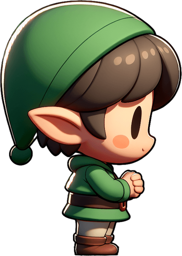 Profil view of a cute little elf with a green hat, standing with his hands in front of him.no background . no floor. In-Game asset. 2d. Blank background. High contrast. No shadows.