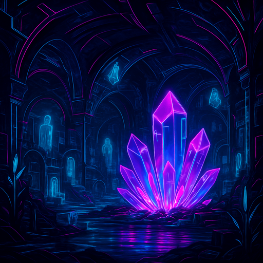 Neon cyberpunk manga subterranean underground tunnels crystal caverns glowing huge ancient technology ruins futurustic underworld holograms spirits projections magical dimension cave background image deep caverns majestic background scene landscape tech purgatory catacombs maze