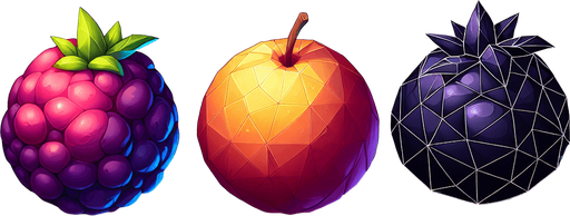 any three combo fruits some distance from each one.
Single Game Texture.  In-Game asset.  2d.  Blank background.  High contrast.  No shadows