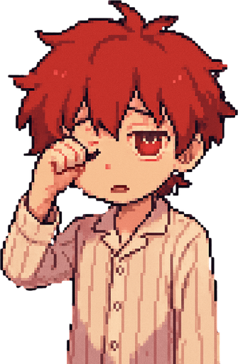 A cute, red-haired anime boy, 15 years old, with red eyes. He's in pajamas, looking sleepy, rubbing one eye with his hand. He's in his otaku-style bedroom. The scene is illustrated in Pixel Art style.