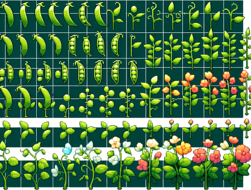 A spritesheet showing a pea plant in various stages of germantion, from pea over sapling and to full grown plant with colorful flowers, and then with ripe pea pods. The sprites should be laid out in a rectangular grid with blank space between them..
Single Game Texture. In-Game asset. 2d. Blank background. High contrast. No shadows.
