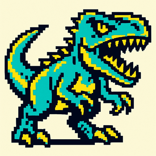 90'lardaki retro oyun dinazoru. vahşi olsun. mavi ile sarı karışımı bir renk olsun
In-Game asset.  2d.  High contrast.  No shadows