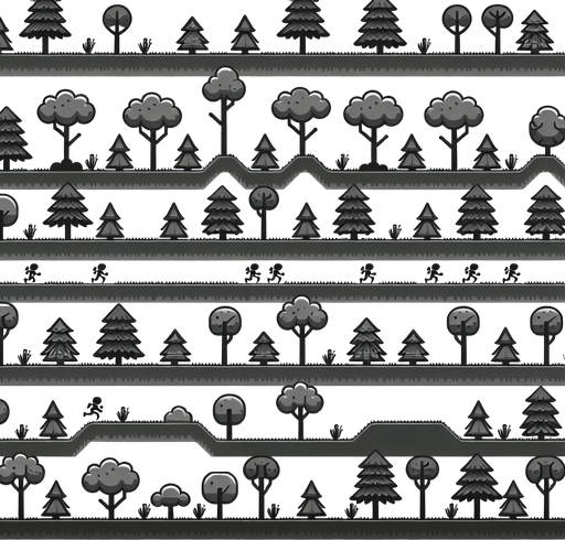 A repeating background tree layer for an endless runner.
Single Game Texture. In-Game asset. 2d. Blank background. High contrast. No shadows.