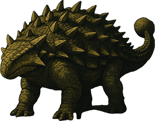 A large, heavily armored Ankylosaurus dinosaur standing in a prehistoric forest. Its body is covered with thick, bumpy, dark brown and olive-green armored plates and sharp spikes along its sides and back. The dinosaur has a broad, low head with small eyes and a short snout. Its massive tail ends with a large, club-like bony knob, ready to swing. The scene is lit by soft sunlight filtering through dense ancient conifers, with ferns and cycads on the ground. The texture of the skin is rough and scaly, showing detailed scales and scars from past battles. The overall style is realistic with natural colors and detailed textures, emphasizing the dinosaur’s power and defense..
In-Game asset.  2d.  High contrast.  No shadows