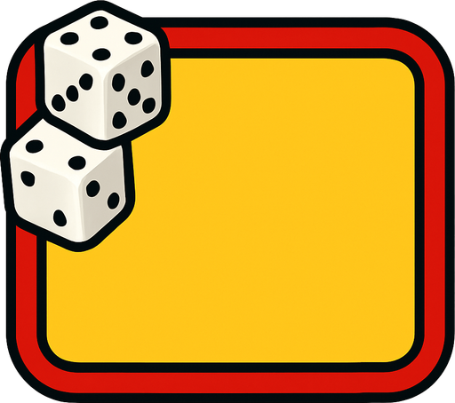 Casino tarzında yatay dikdörtgen (köşeleri yumuşatılmış, edge). İçi sarı, dışında kırmızı şerit var. Sol üst köşesinde bir çift zar var. Yazısız..
In-Game asset.  2d.  High contrast.  No shadows. Casino