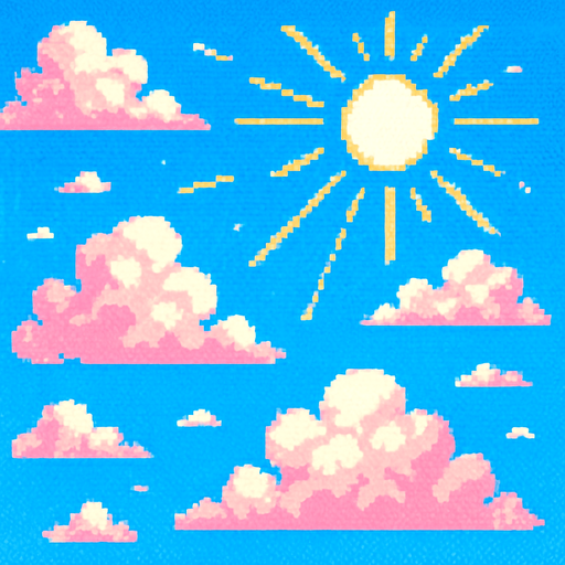 Bright day sky, cotton candy clouds, clear blue background, sun rays, cheerful mood, 2D pixel art.
In-Game asset.  2d.  High contrast.  No shadows