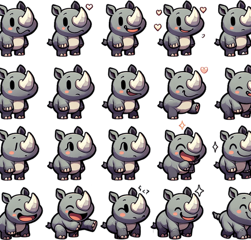 A spritesheet with a number of poses of an happy little rhino with a sun scorch, smiling, walking, waiting, standing, ordering, turning, etc. all seen from the side.The spritesheet should be laid out in a rectangular grid with clear space between each individual sprite. Each sprite in the sheet should be around 300x600 pixels in size..
Single Game Texture. In-Game asset. 2d. Blank background. High contrast. No shadows.