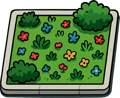 Street block, garden with concrete walkway on the border.
In-Game asset.  2d.  High contrast.  No shadows